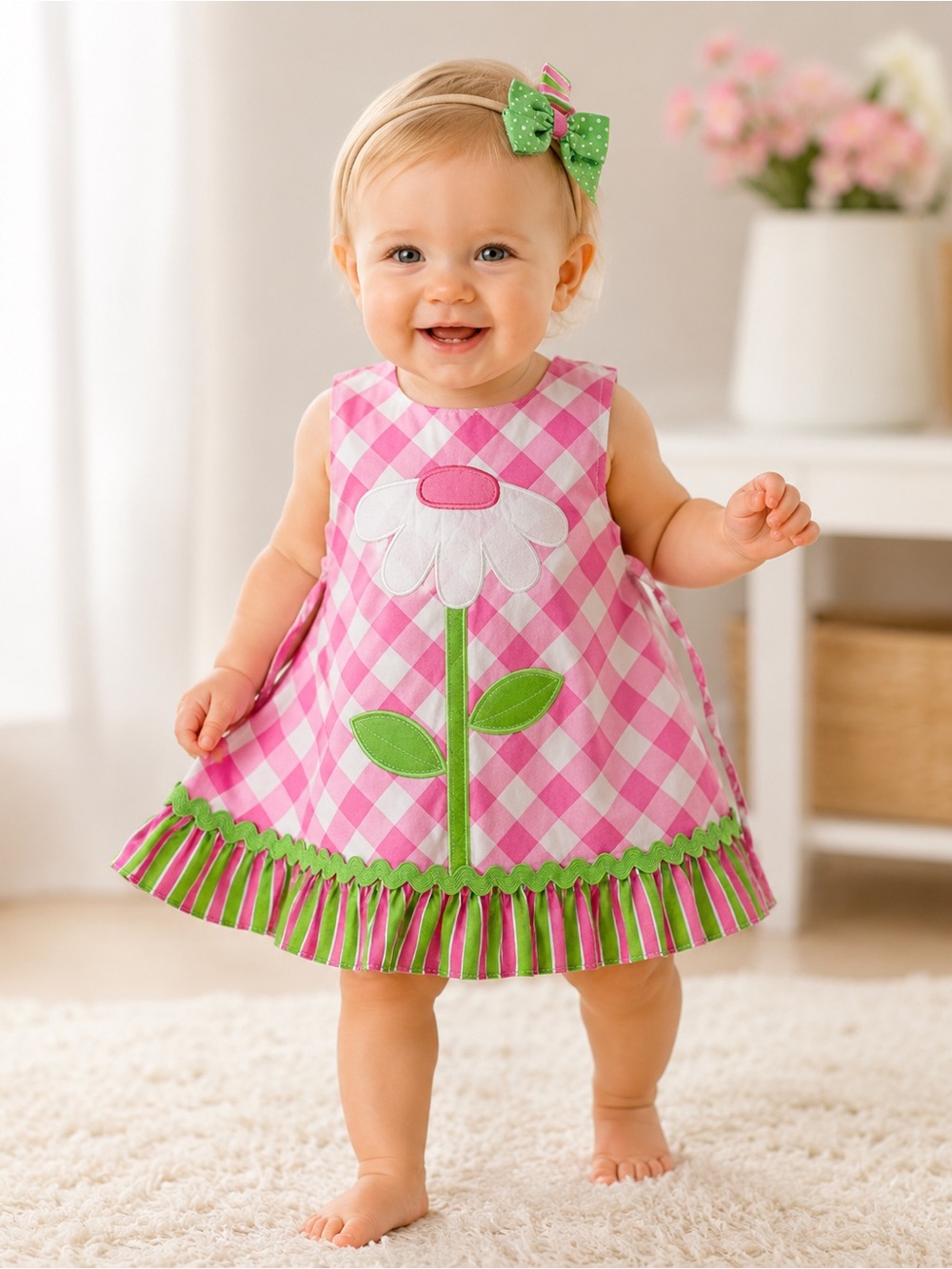 Youngland Baby Daisy Applique Dress 12M Pink Gingham Easter Spring Toddler